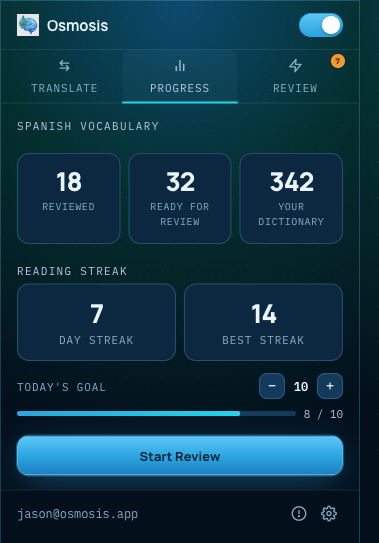 Osmosis Progress tab — vocabulary stats, day streak, and review goal