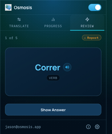 Osmosis Review tab — spaced-repetition flashcard for a Spanish verb