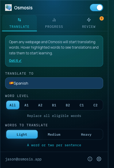 Osmosis Translate tab — language selector, word level, and density controls