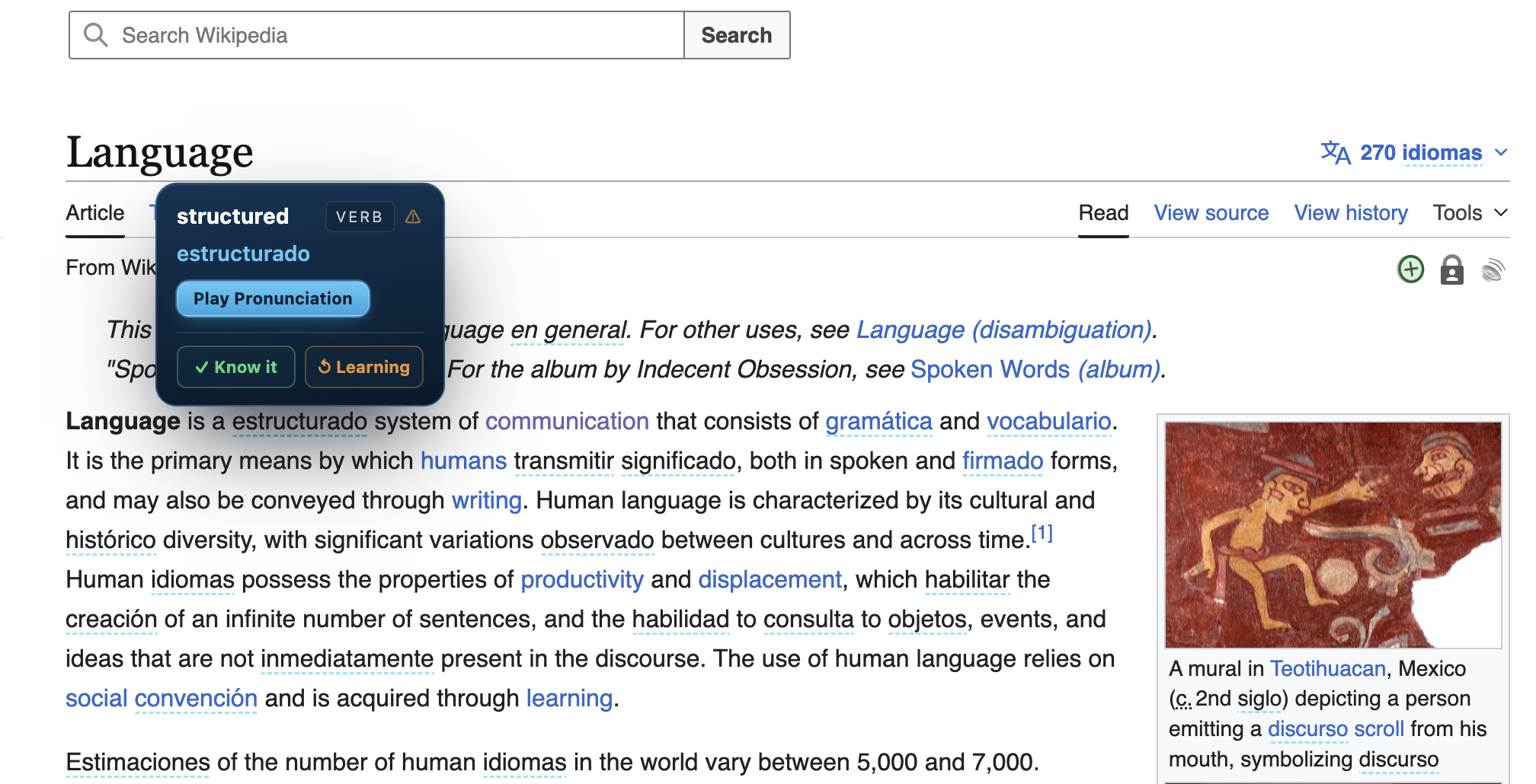 Osmosis translating a Wikipedia article in real time — hover tooltip shows the original English word