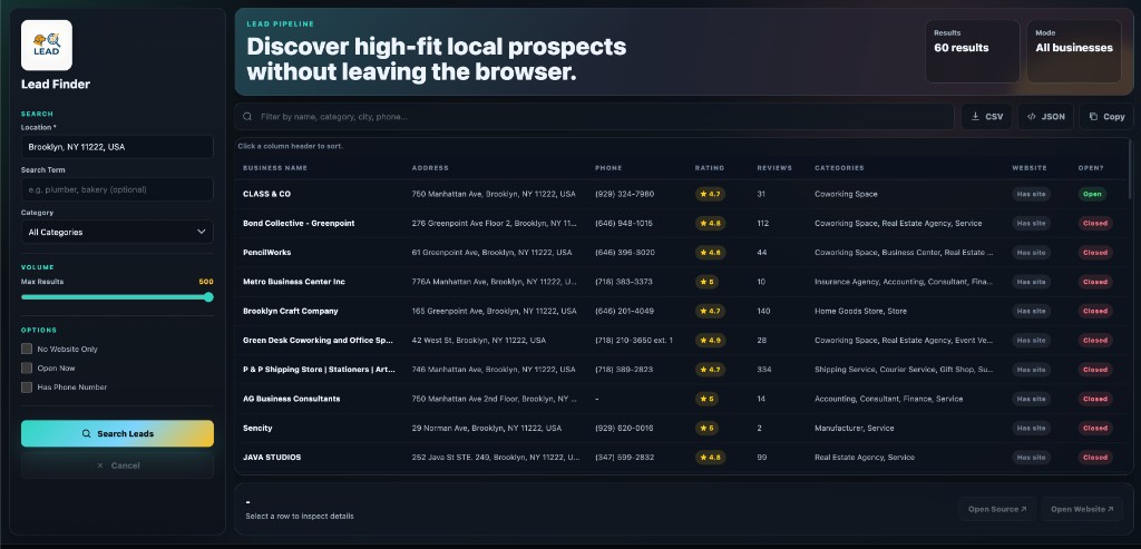 Lead Finder dashboard with search filters and business results table