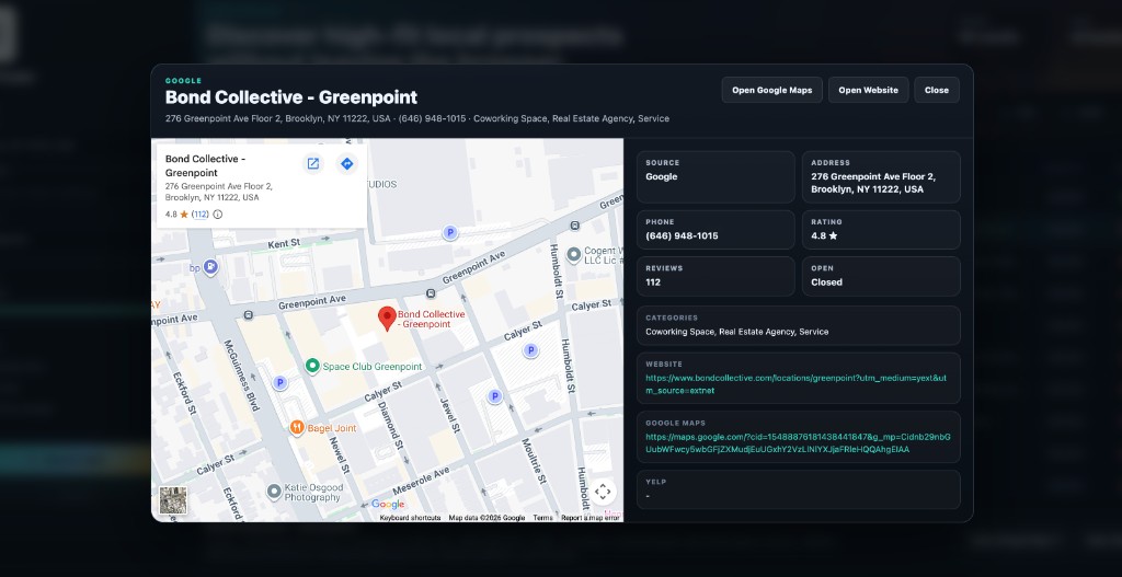 Lead detail panel with map and business fields